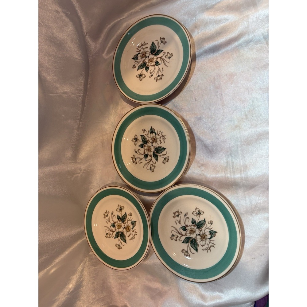 Vintage Knowles Magnolia Dinner Plates Set of 4 Aqua Green Floral 6" Gold Trim